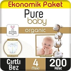 Pure Baby Organik Pamuklu 4 Numara Maxi 200'lü Bebek Bezi ürün görseli