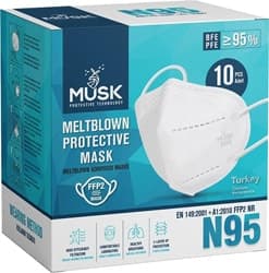 Musk FFP2 NR N95 5 Katlı Meltblown Beyaz 10'lu Ultrasonik Koruyucu Maske ürün görseli